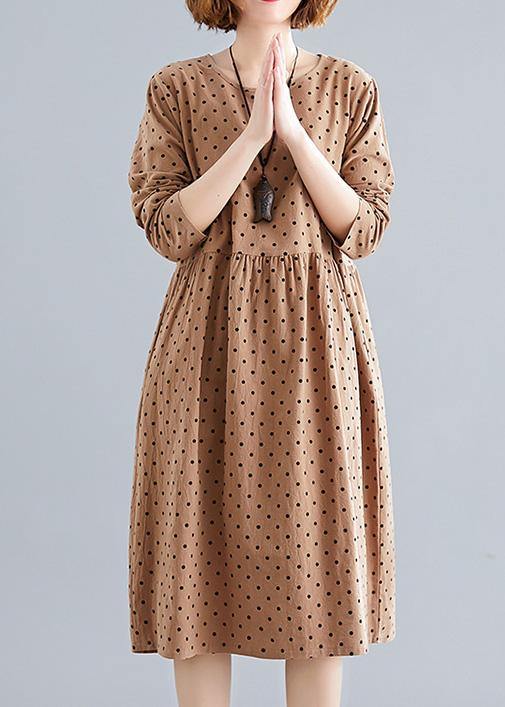 Beautiful khaki dotted Cotton quilting dresses o neck Cinched oversized spring Dress