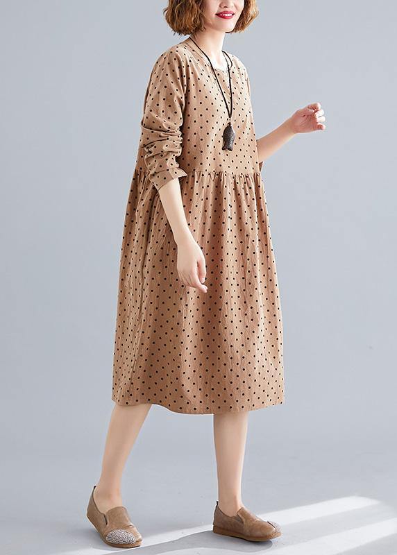 Beautiful khaki dotted Cotton quilting dresses o neck Cinched oversized spring Dress