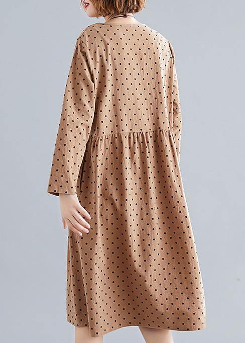 Beautiful khaki dotted Cotton quilting dresses o neck Cinched oversized spring Dress