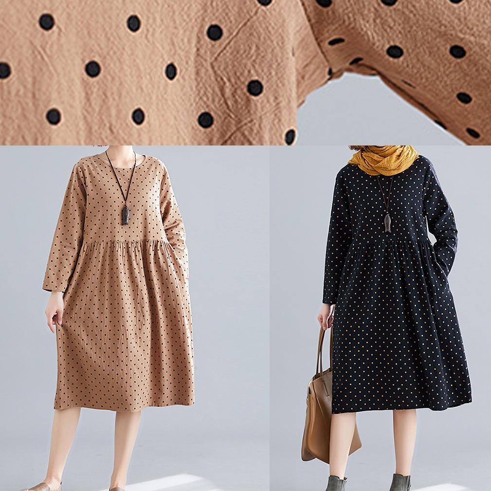 Beautiful khaki dotted Cotton quilting dresses o neck Cinched oversized spring Dress