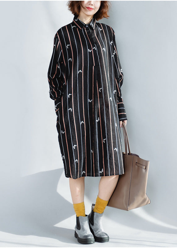 Beautiful lapel Button Down Cotton Tunics plus size black striped loose Dresses spring