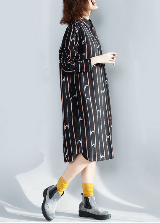 Beautiful lapel Button Down Cotton Tunics plus size black striped loose Dresses spring