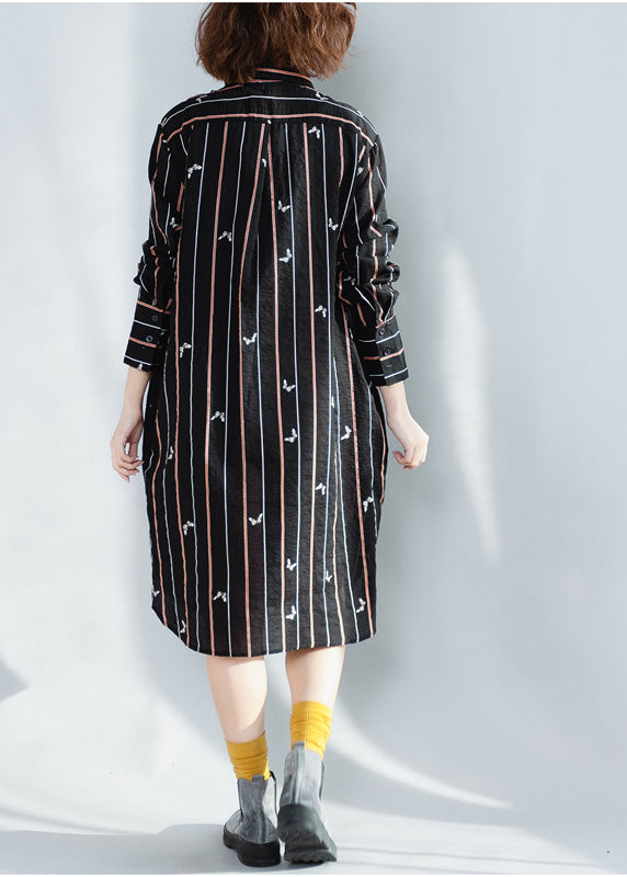 Beautiful lapel Button Down Cotton Tunics plus size black striped loose Dresses spring