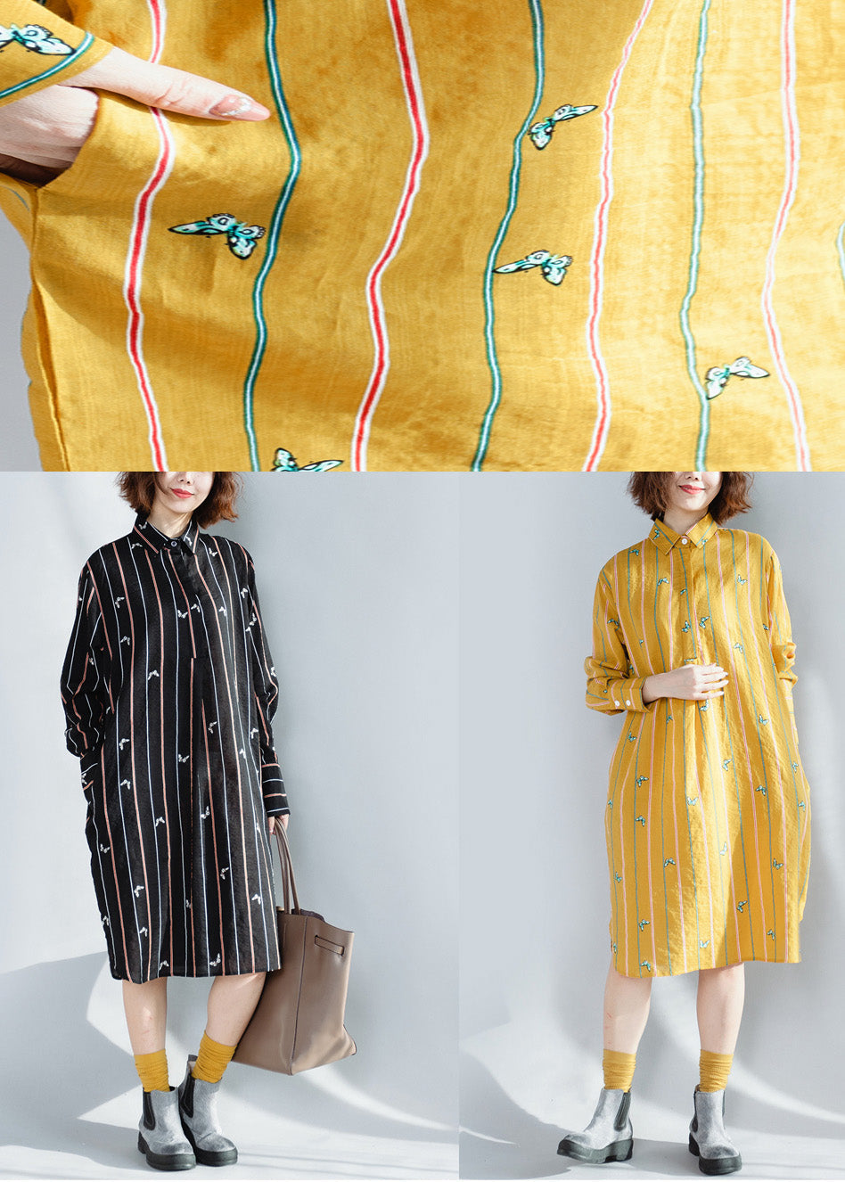 Beautiful lapel Button Down Cotton Tunics plus size black striped loose Dresses spring