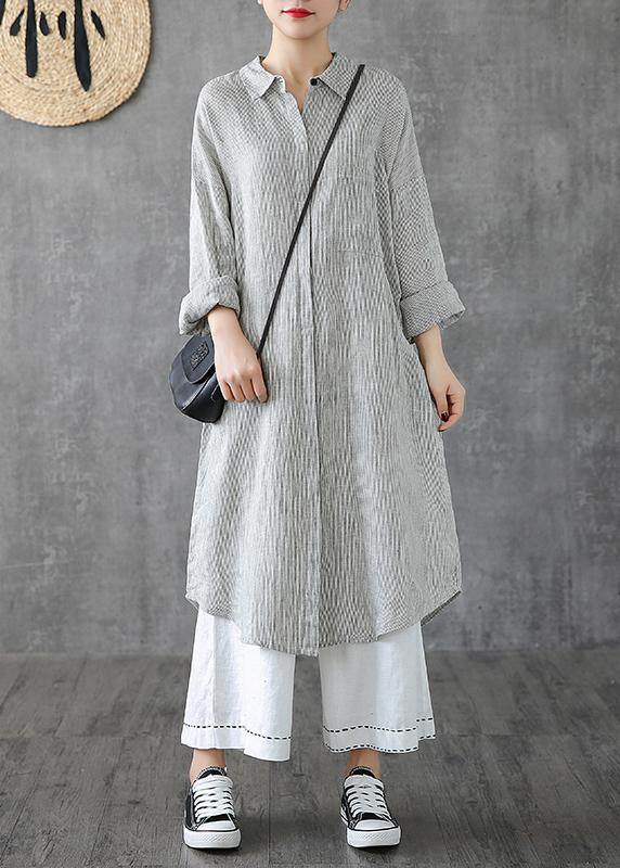 Beautiful lapel pockets linen clothes Photography gray striped Dress