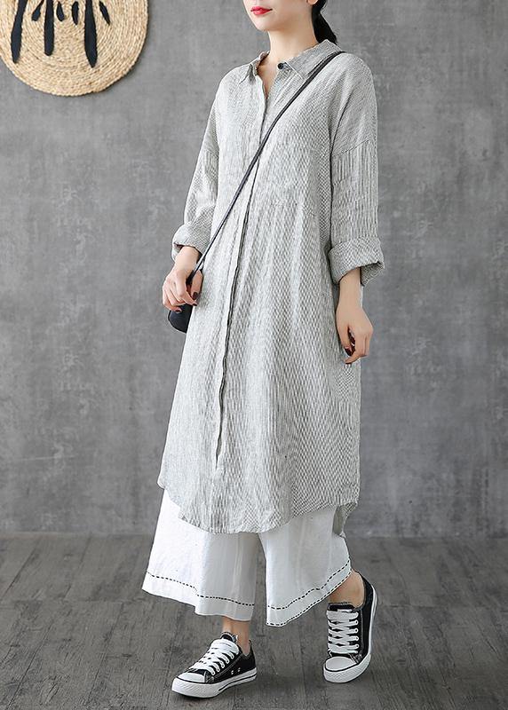 Beautiful lapel pockets linen clothes Photography gray striped Dress