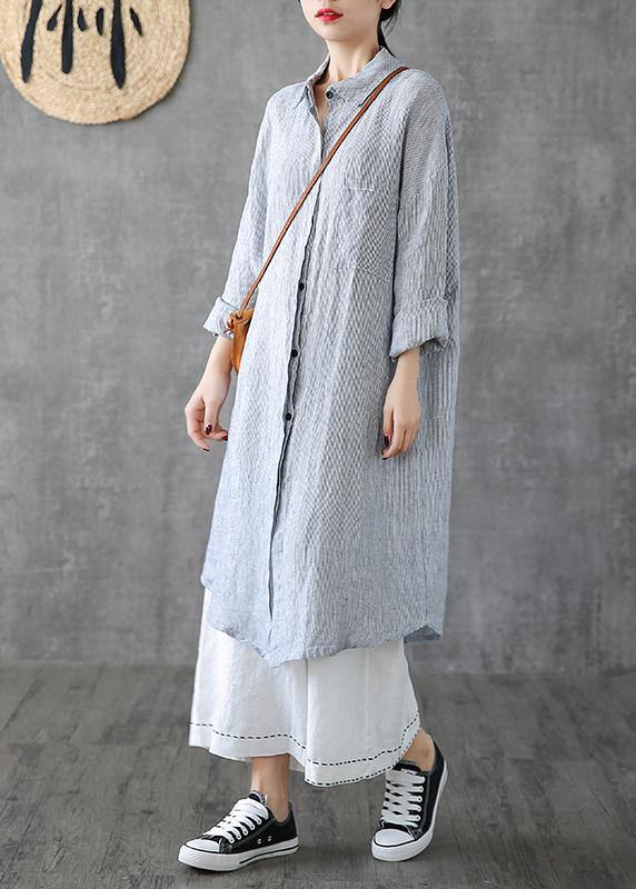 Beautiful lapel pockets linen clothes Photography gray striped Dress