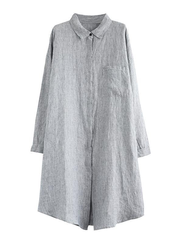 Beautiful lapel pockets linen clothes Photography gray striped Dress