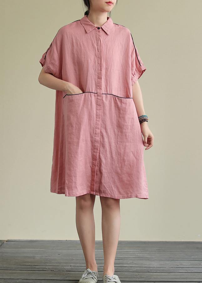 Beautiful lapel pockets linen summer dresses Runway pink Dress