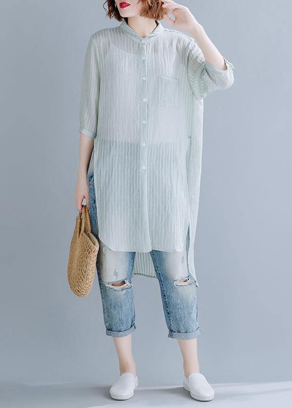 Beautiful light green cotton clothes For Women stand collar oversized shirt