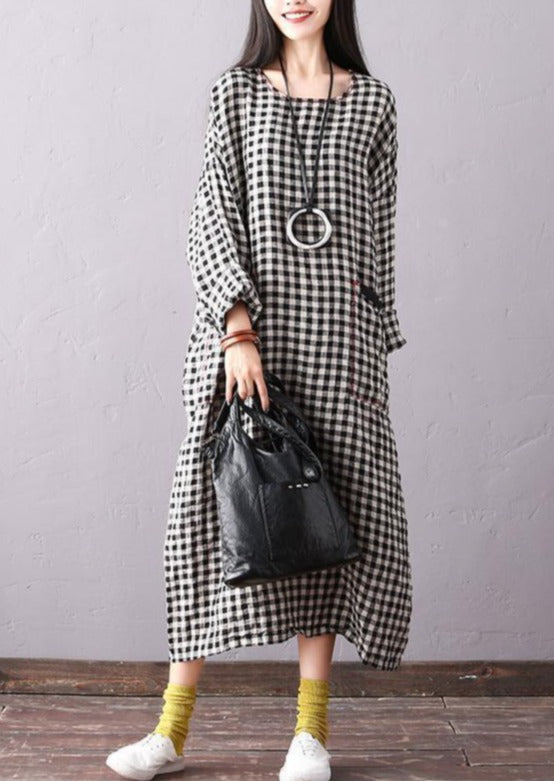 Beautiful linen dresses Fashion Batwing Sleeve Women Round Neck Plaid Black Dress