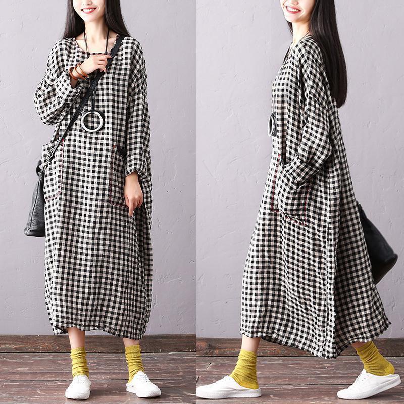 Beautiful linen dresses Fashion Batwing Sleeve Women Round Neck Plaid Black Dress