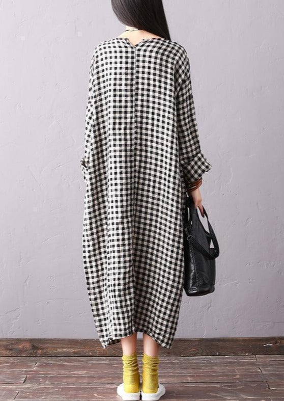 Beautiful linen dresses Fashion Batwing Sleeve Women Round Neck Plaid Black Dress