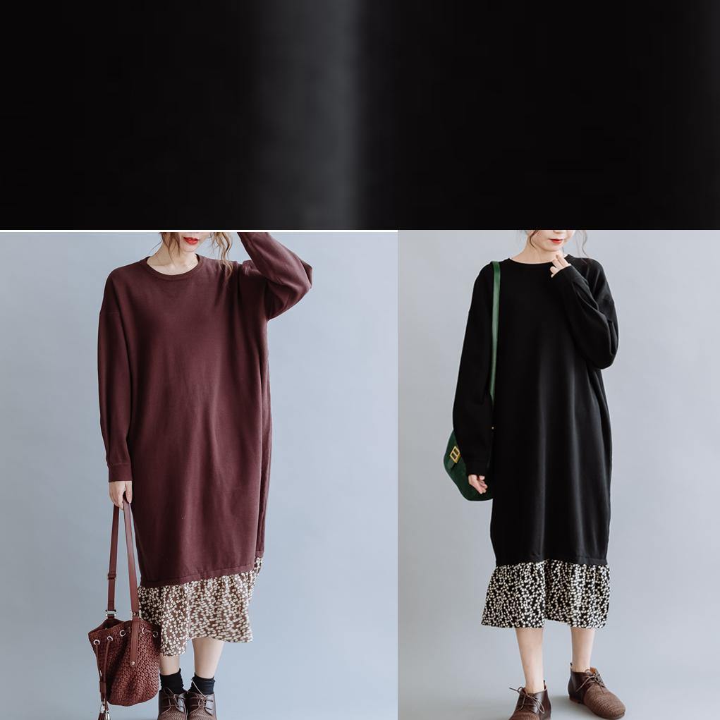 Beautiful o neck asymmetric false two pieces fall clothes For Women Outfits brown loose Dress