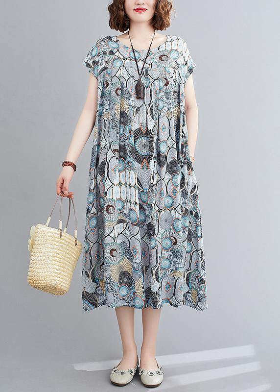 Beautiful o neck Cinched summer clothes Inspiration blue print Dresses