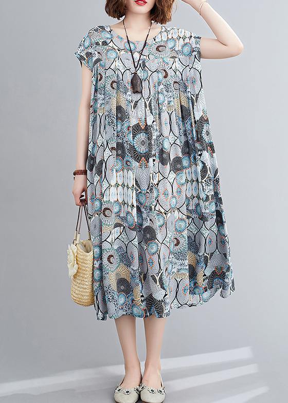 Beautiful o neck Cinched summer clothes Inspiration blue print Dresses