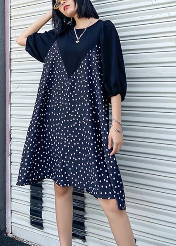 Beautiful patchwork Cotton summer dress Work Outfits black dotted Dress