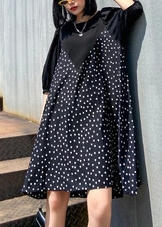 Beautiful patchwork Cotton summer dress Work Outfits black dotted Dress