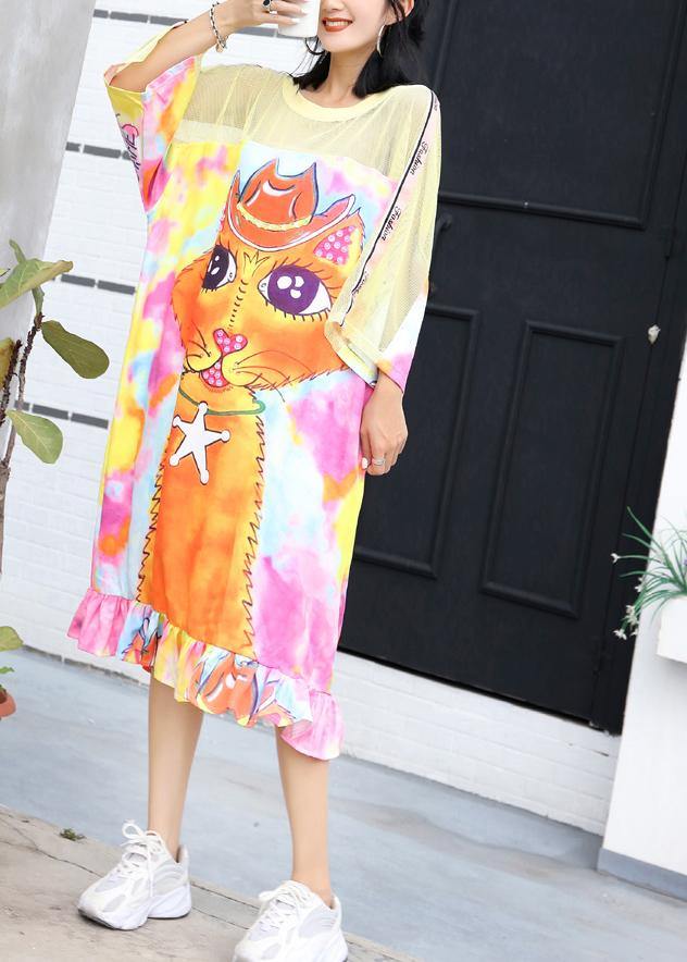 Beautiful patchwork short sleeve cotton Tunics Fashion Ideas Cartoon print long Dresses summer