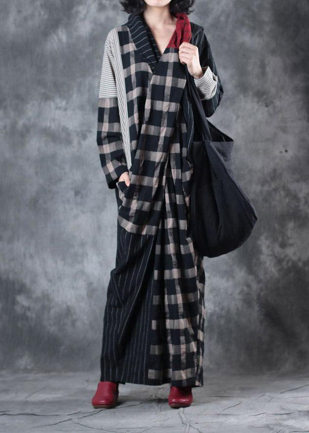 Beautiful plaid patchwork striped linen clothes asymmetric Dresses v neck Dresses