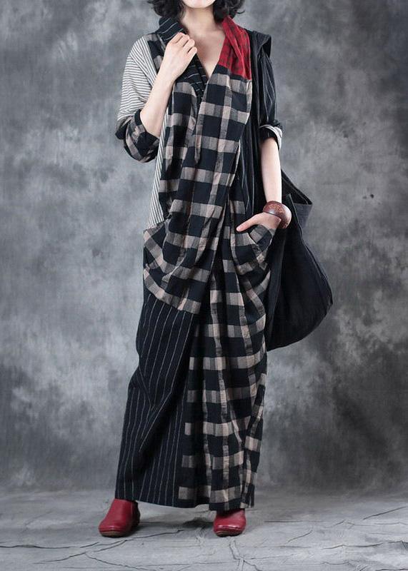 Beautiful plaid patchwork striped linen clothes asymmetric Dresses v neck Dresses