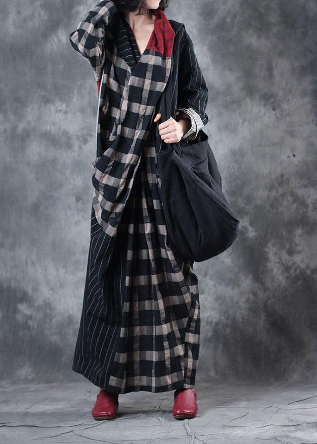 Beautiful plaid patchwork striped linen clothes asymmetric Dresses v neck Dresses