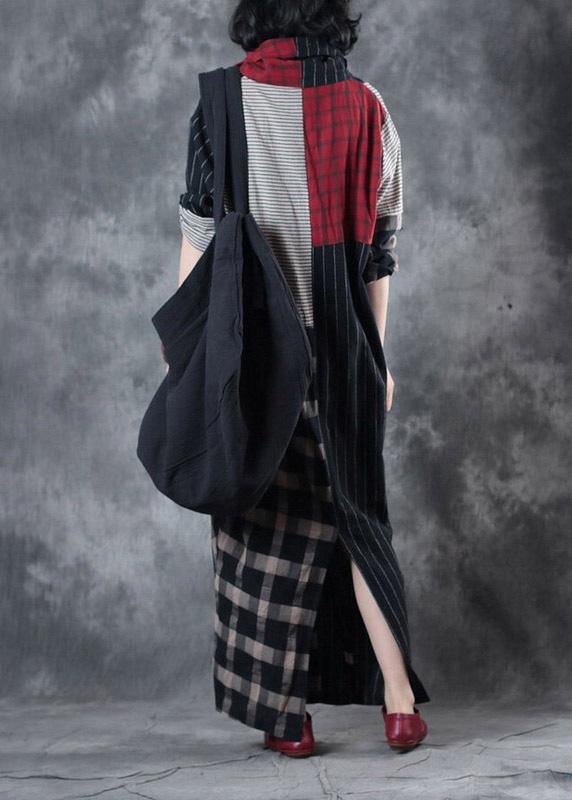 Beautiful plaid patchwork striped linen clothes asymmetric Dresses v neck Dresses