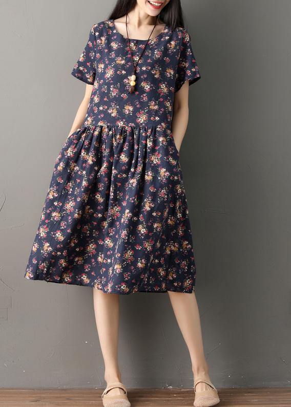 Beautiful print cotton clothes Indian Sewing navy oversized Dresses summer