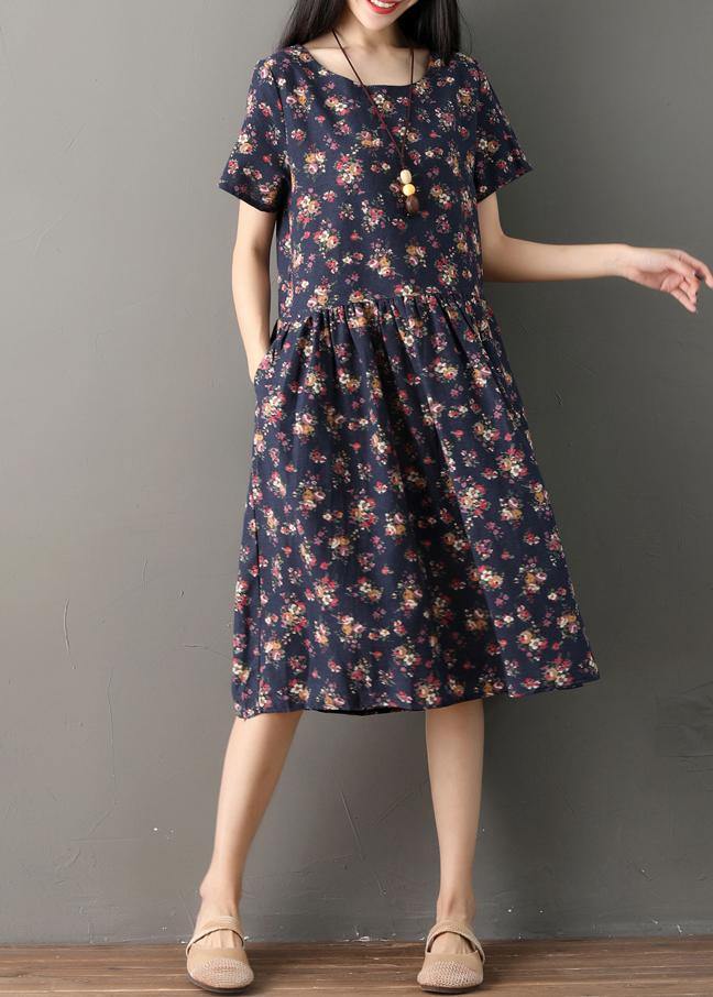 Beautiful print cotton clothes Indian Sewing navy oversized Dresses summer