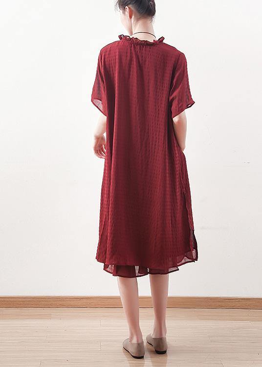 Beautiful red Chiffon clothes ruffles collar short summer shirt Dress