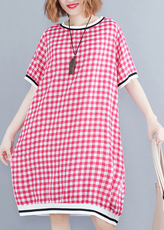 Beautiful red Plaid cotton clothes 18th Century Tutorials o neck Midi Summer Dress