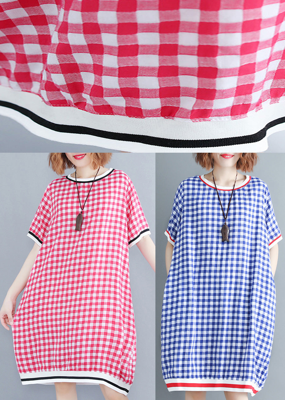 Beautiful red Plaid cotton clothes 18th Century Tutorials o neck Midi Summer Dress