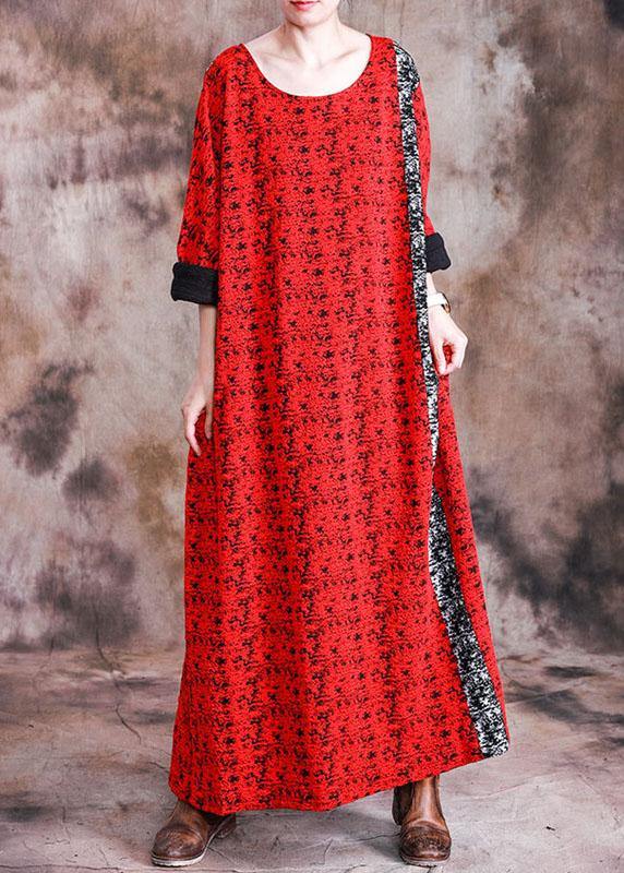 Beautiful red print cotton quilting dresses o neck long sleeve robes fall Dresses