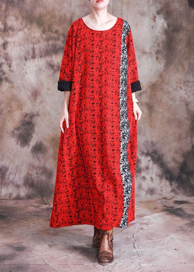 Beautiful red print cotton quilting dresses o neck long sleeve robes fall Dresses