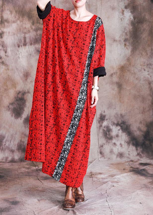 Beautiful red print cotton quilting dresses o neck long sleeve robes fall Dresses