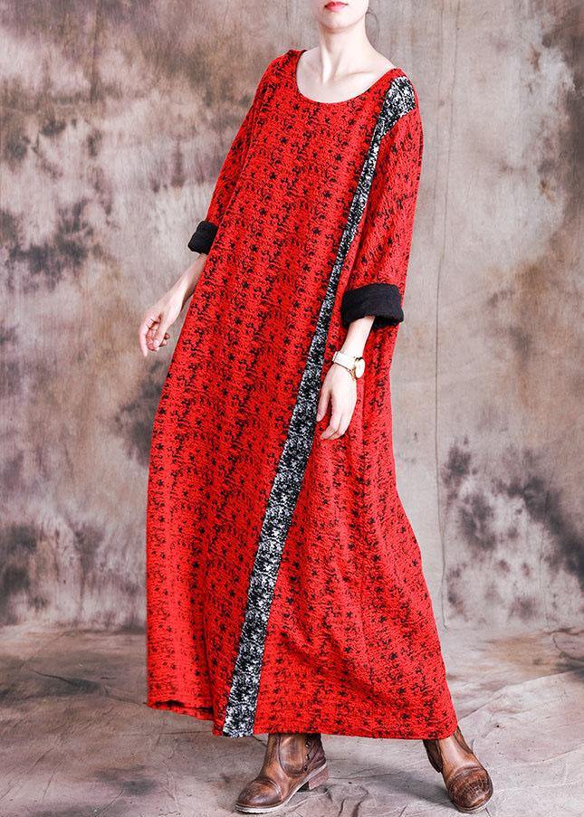 Beautiful red print cotton quilting dresses o neck long sleeve robes fall Dresses