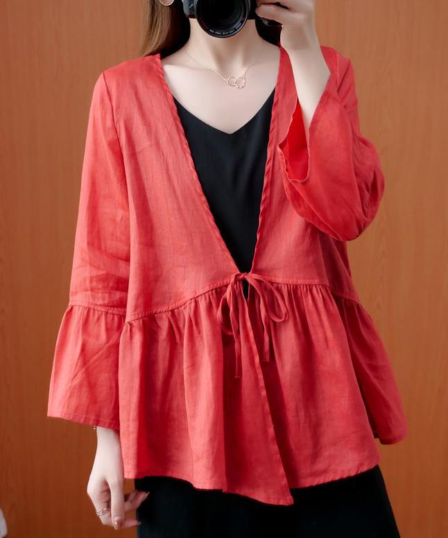 Beautiful red tunics for women v neck Ruffles loose summer blouses