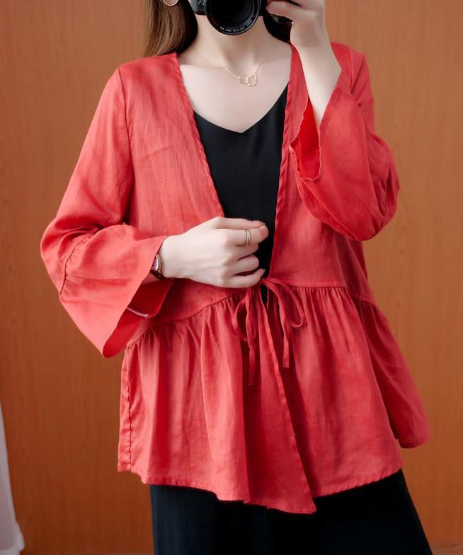 Beautiful red tunics for women v neck Ruffles loose summer blouses