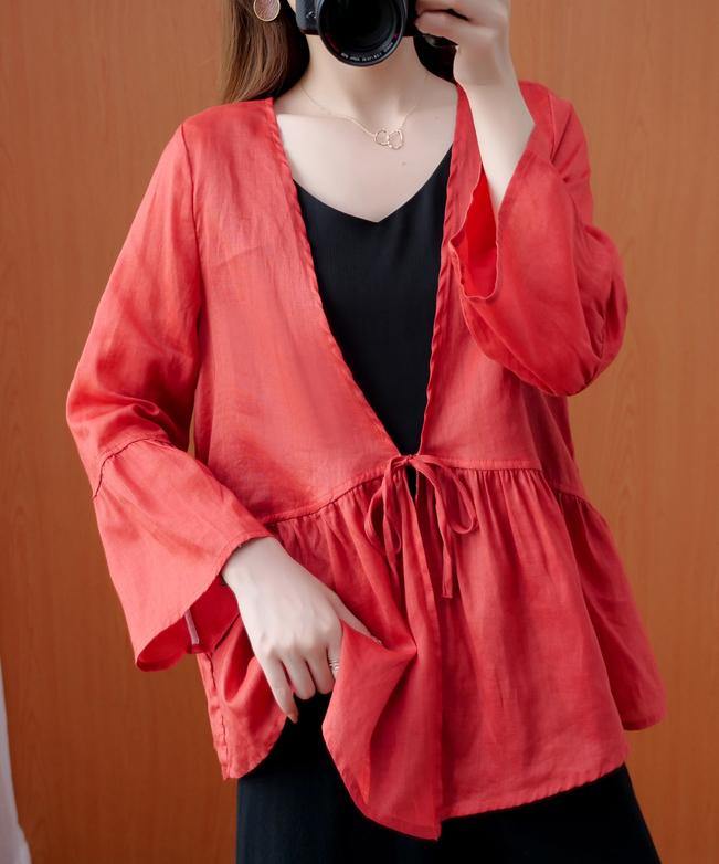 Beautiful red tunics for women v neck Ruffles loose summer blouses