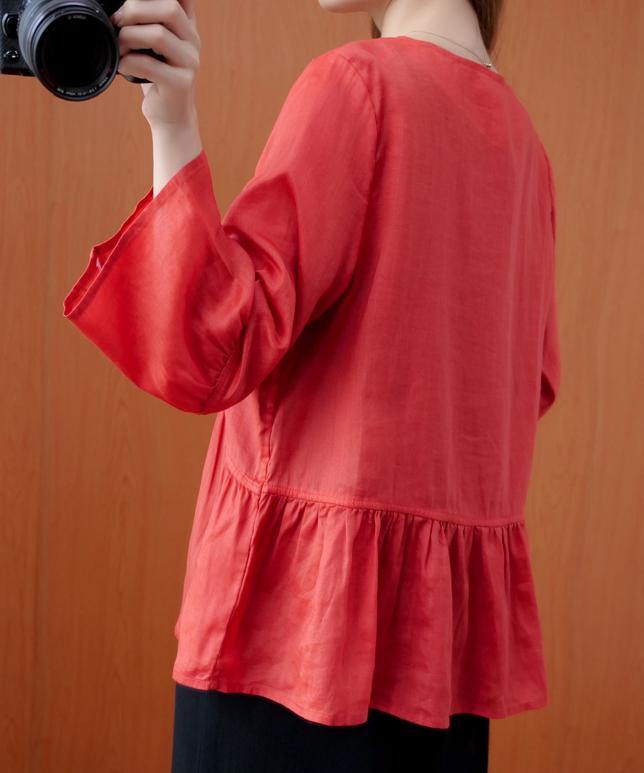 Beautiful red tunics for women v neck Ruffles loose summer blouses