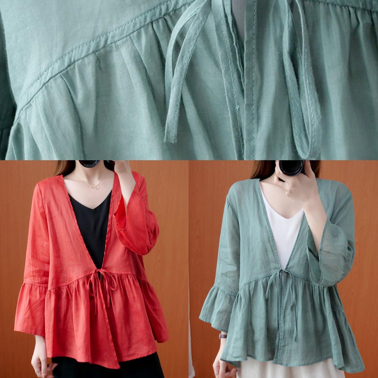 Beautiful red tunics for women v neck Ruffles loose summer blouses