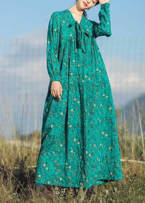 Beautiful v neck long sleeve linen clothes For Women Runway green print Dresses summer