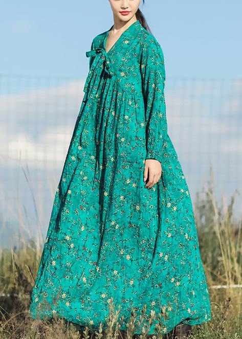 Beautiful v neck long sleeve linen clothes For Women Runway green print Dresses summer