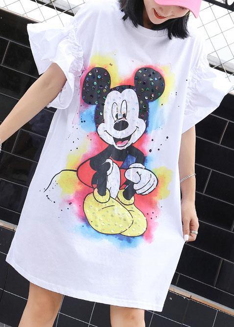 Beautiful white Cartoon print Cotton clothes flare sleeve shift summer Dress