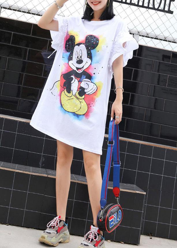 Beautiful white Cartoon print Cotton clothes flare sleeve shift summer Dress