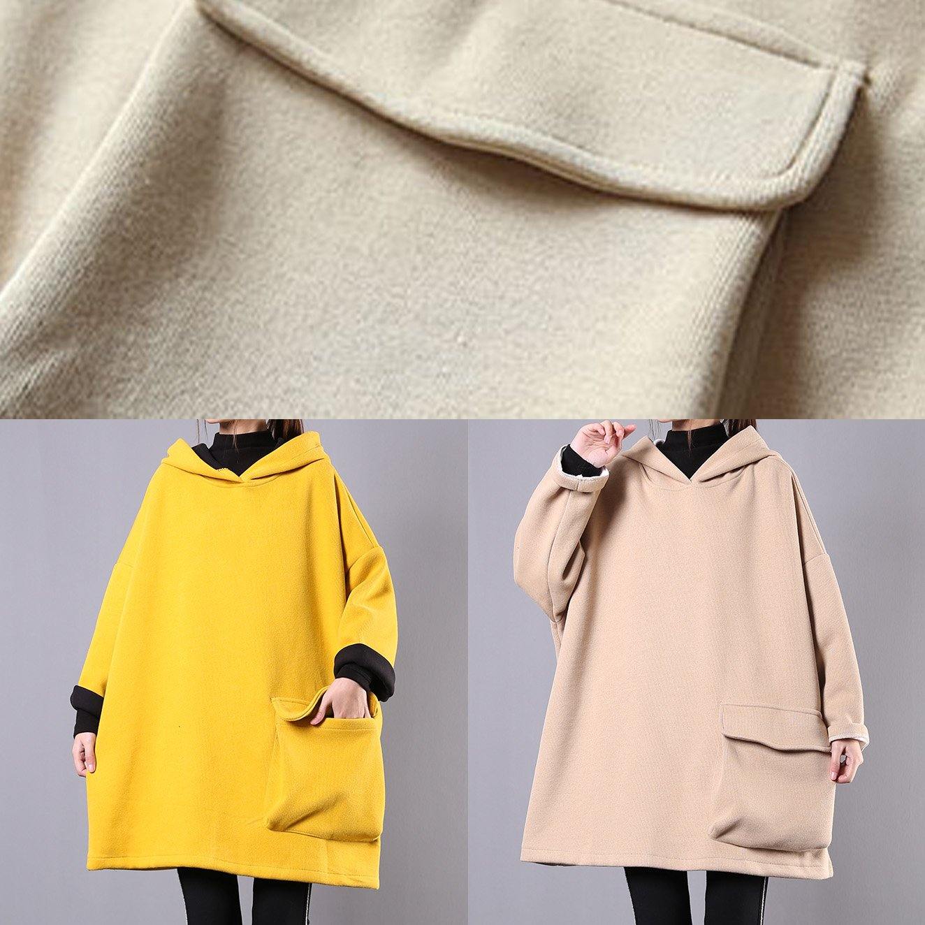 Beautiful yellow cotton linen tops women hooded thick daily blouse