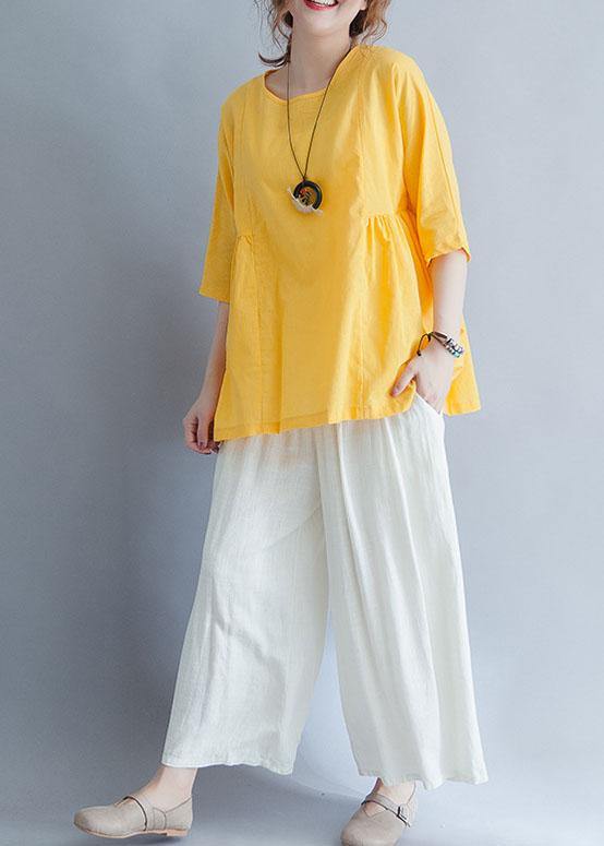 Beautiful yellow o neck linen cotton clothes For Women Shirts half sleeve summer blouses