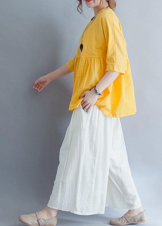 Beautiful yellow o neck linen cotton clothes For Women Shirts half sleeve summer blouses