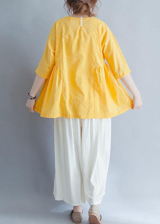 Beautiful yellow o neck linen cotton clothes For Women Shirts half sleeve summer blouses