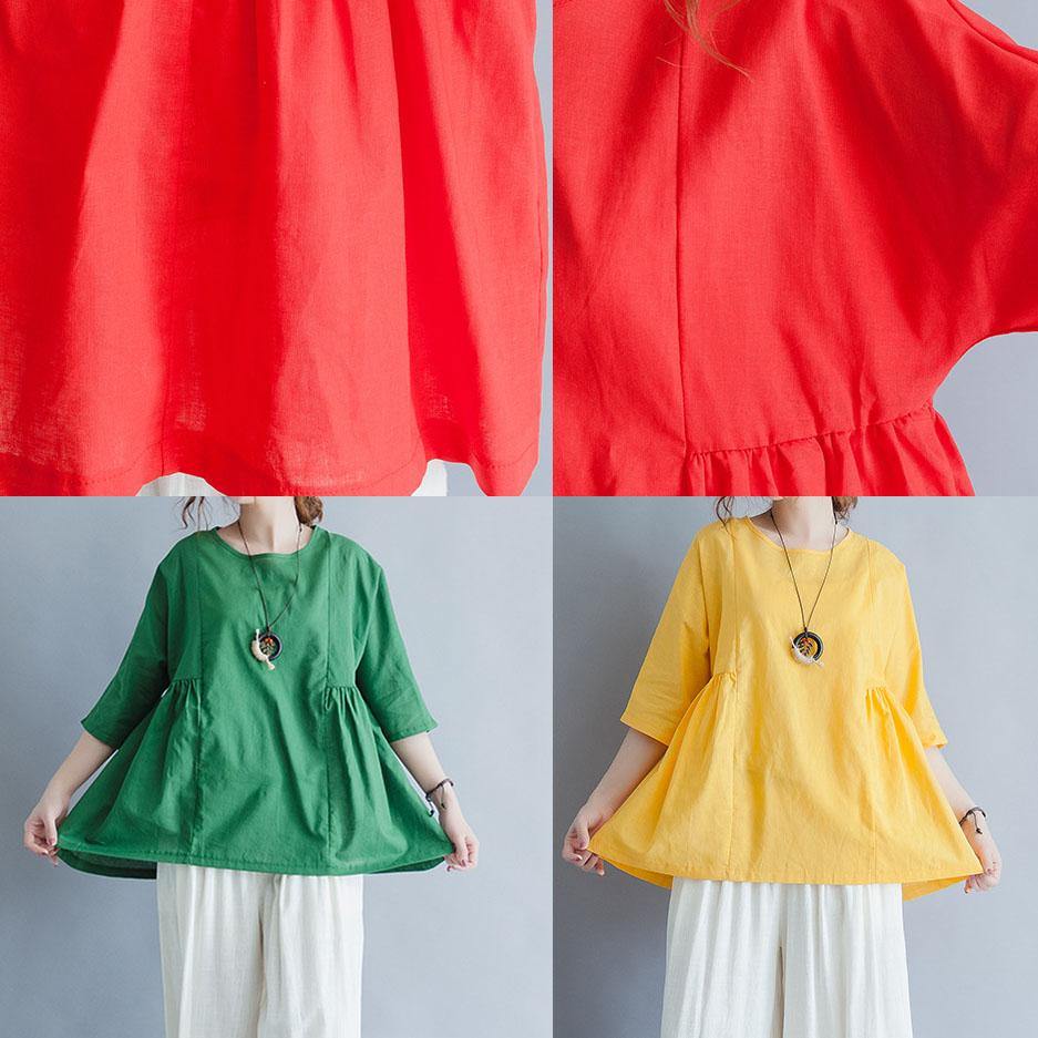 Beautiful yellow o neck linen cotton clothes For Women Shirts half sleeve summer blouses